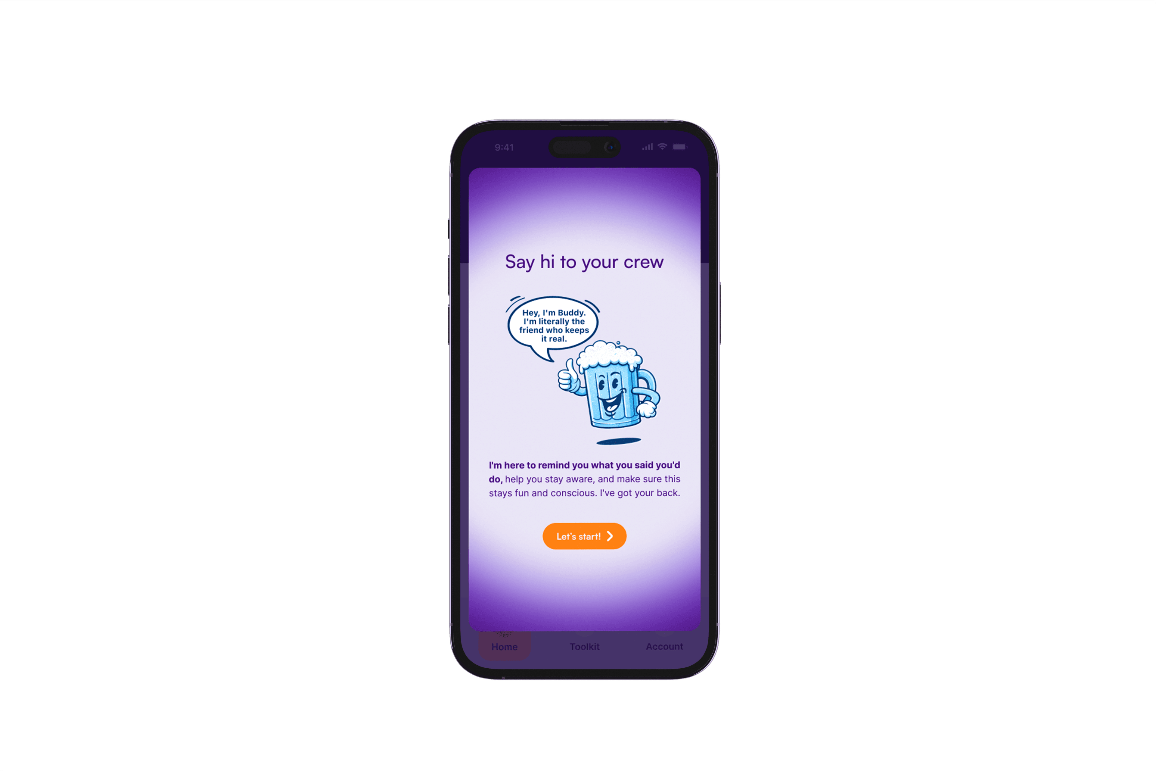Alcohol Reboot app screen showing a friendly companion character