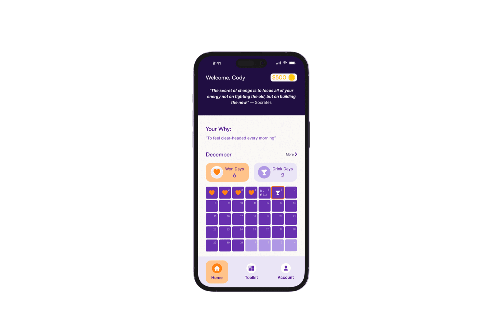 Alcohol Reboot app screen showing personal goals