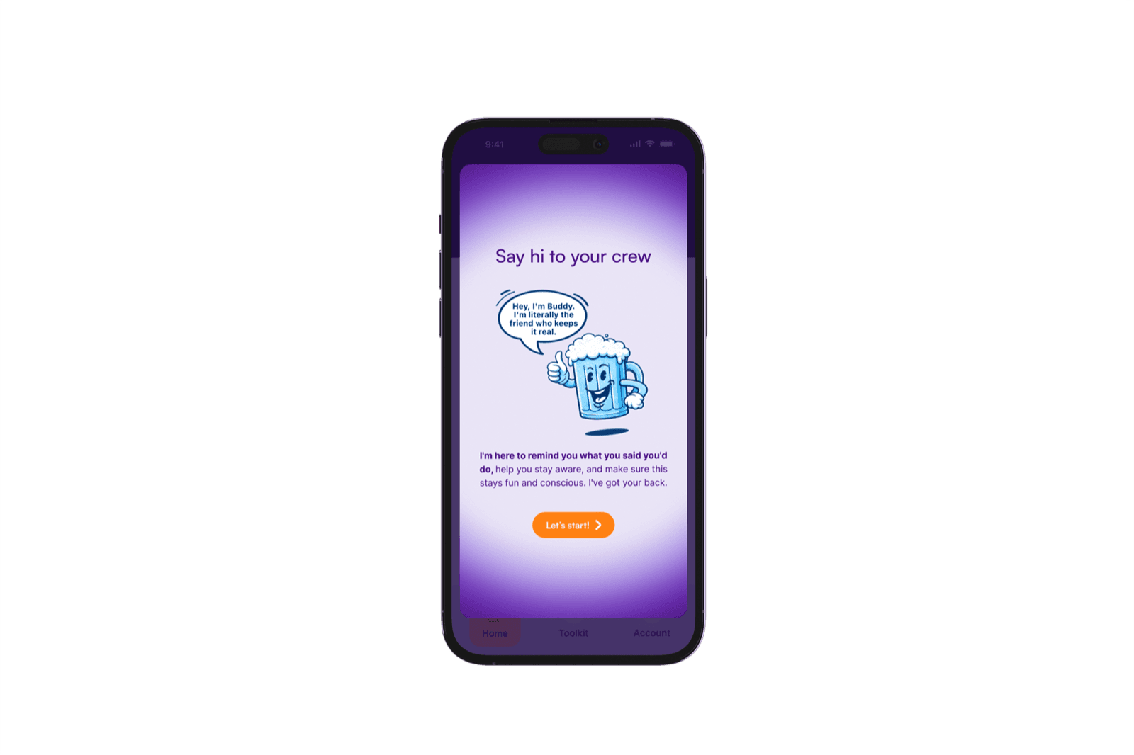 Alcohol Reboot screen introducing Buddy, the drink-logging companion