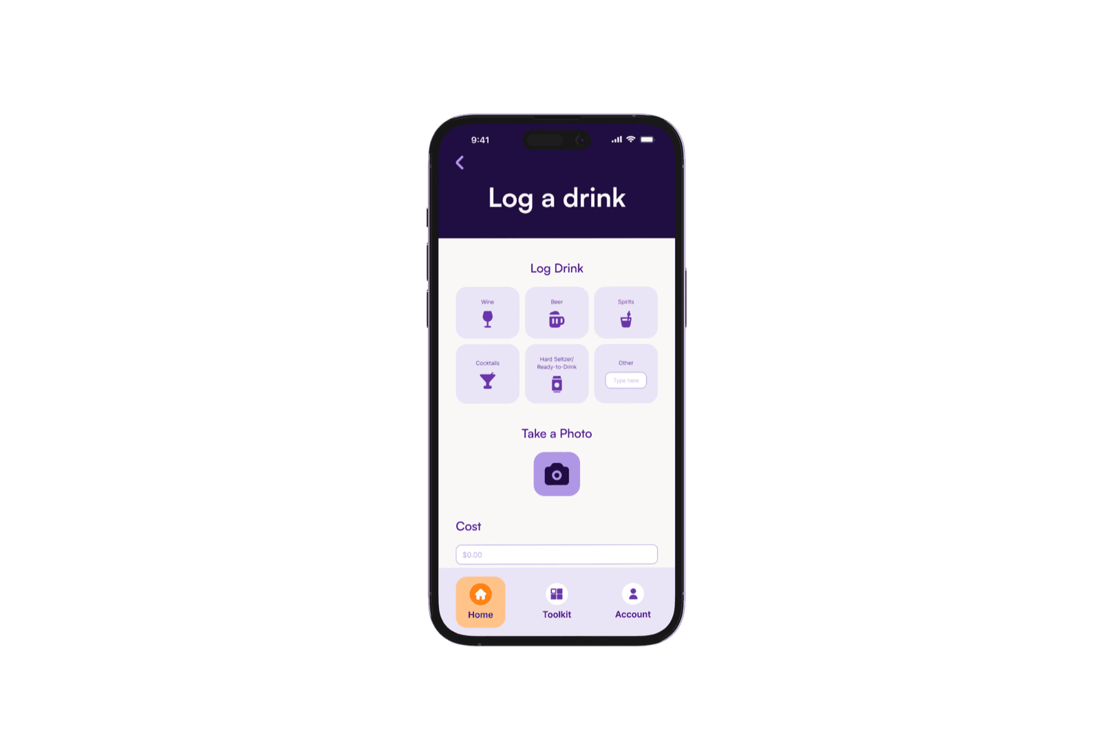 Alcohol Reboot app screen for logging a drink